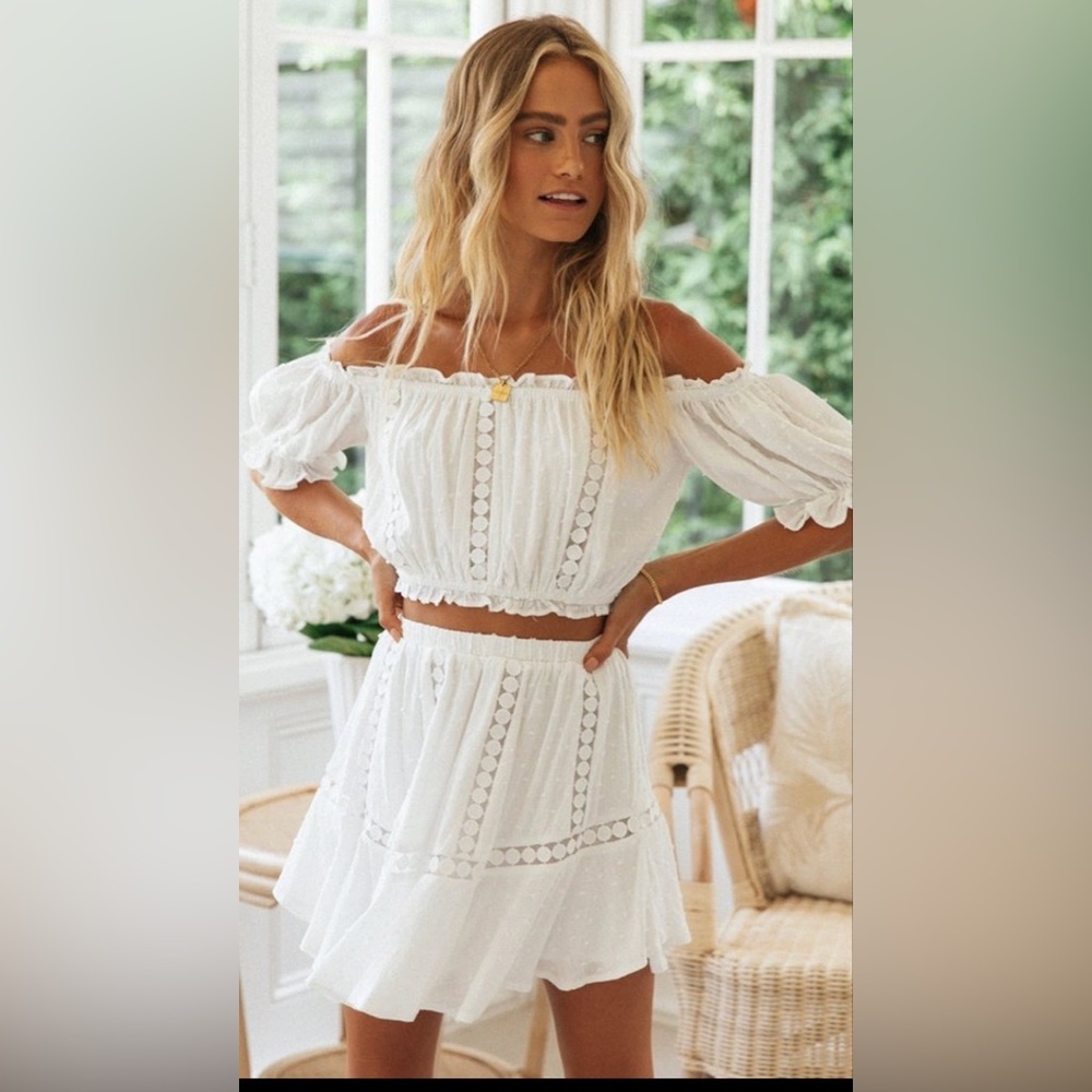 Off shoulder lace patchwork two piece set